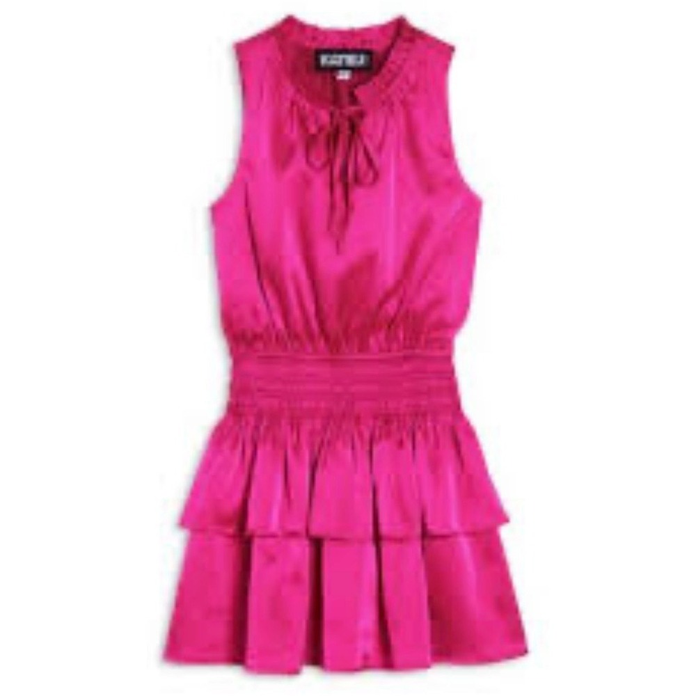 KatieJnyc Becca Satin Dress Hot Pink Tiered Ruffle Mini XS Sleeveless Smocked